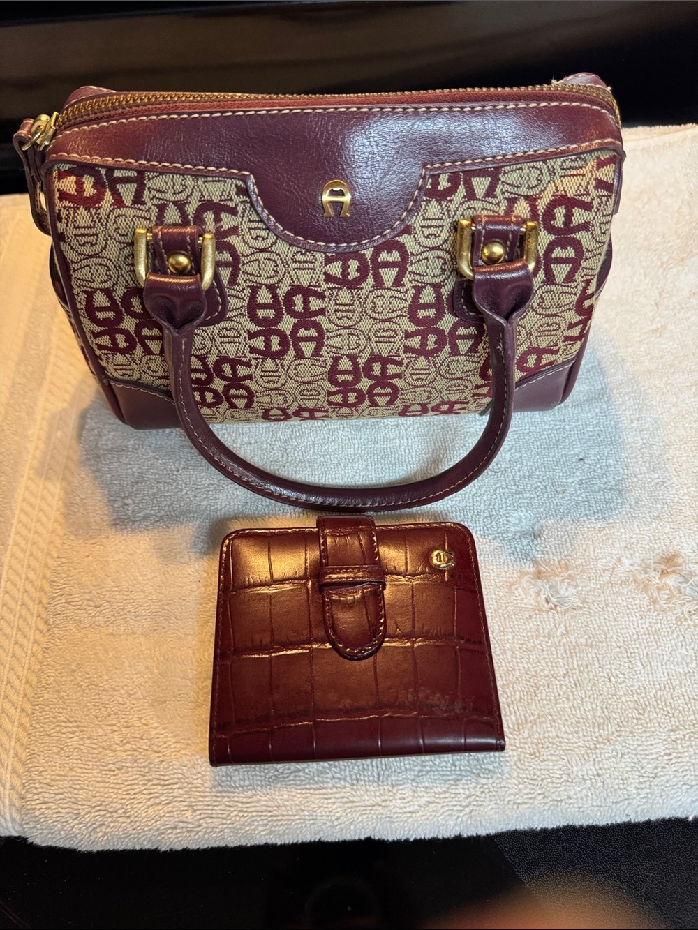 Etienne Aigner Burgundy Patterned Satchel with Matching Wallet